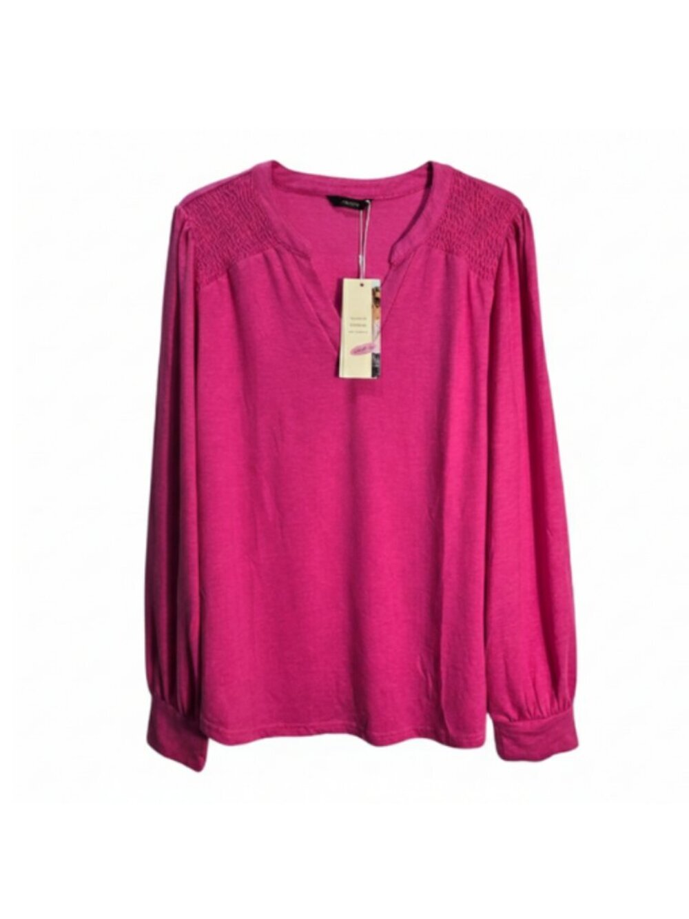 NWT | Dokotoo Hot Pink Long Sleeve Blouse | Smocked Shoulders | Size XL